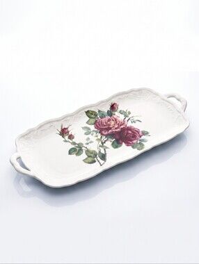 Vintage Godinger White Ceramic Tray with Pink Rose and Green Leaves